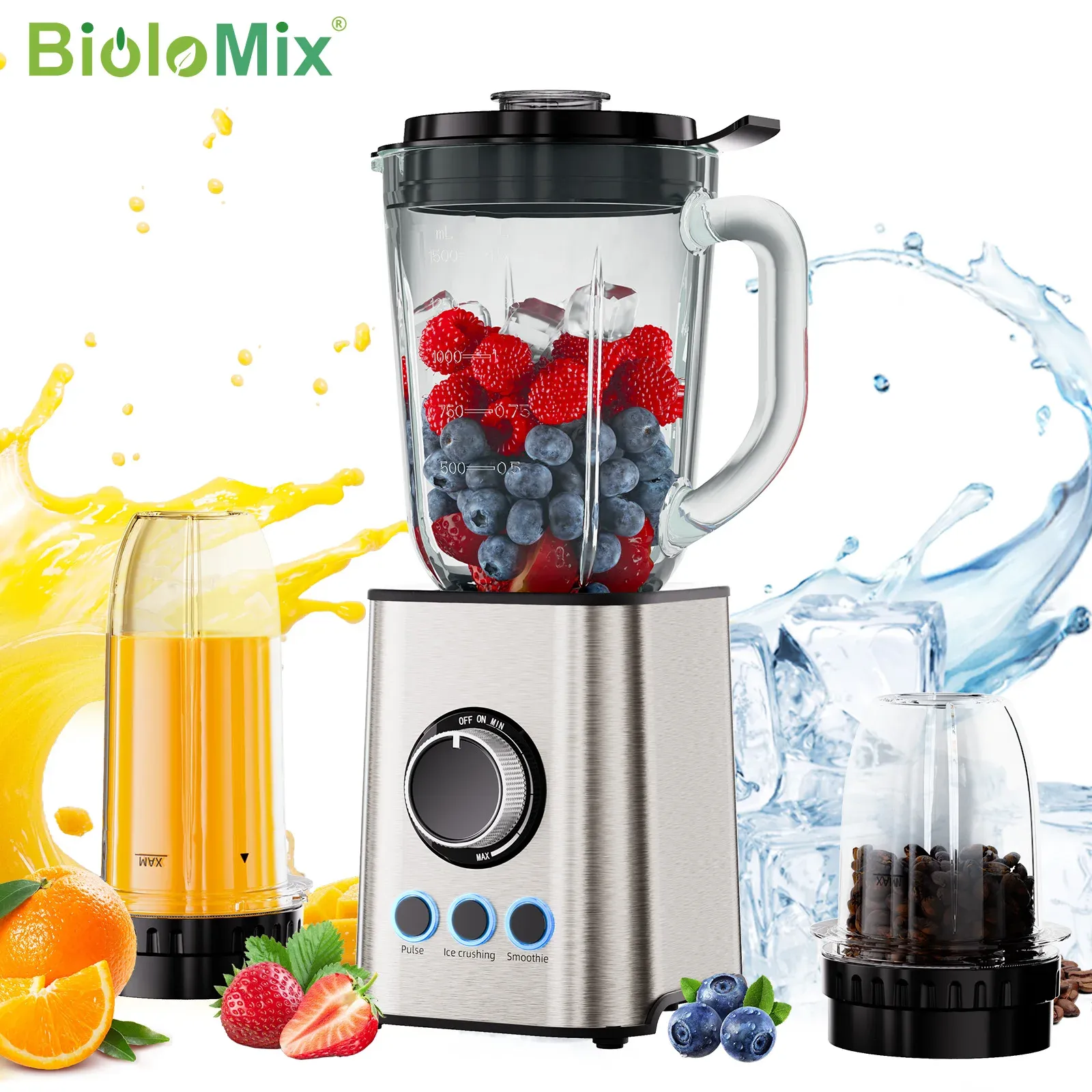 BioloMix 3-in-1 smoothie maker met glazen kan en 1300W motor