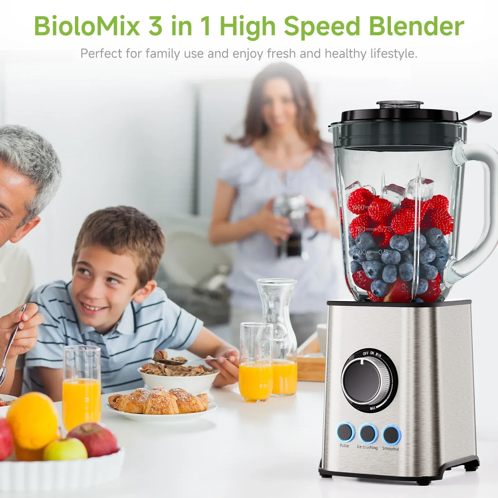 BioloMix 3-in-1 smoothie maker met glazen kan en 1300W motor