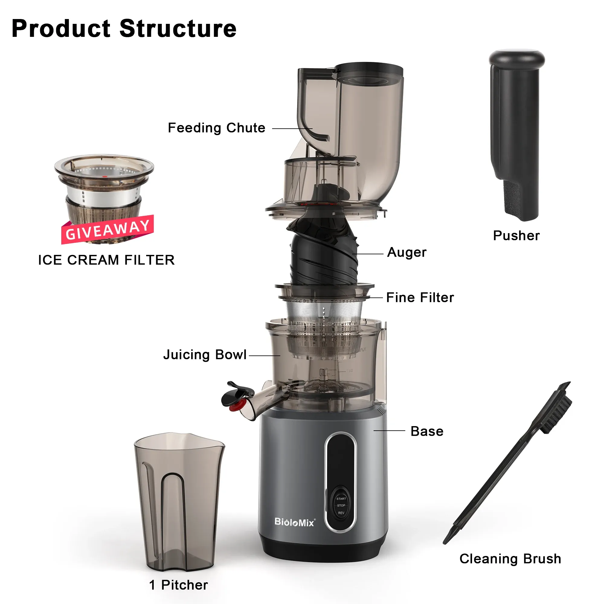 BioloMix slowjuicer met brede vulopening 200W