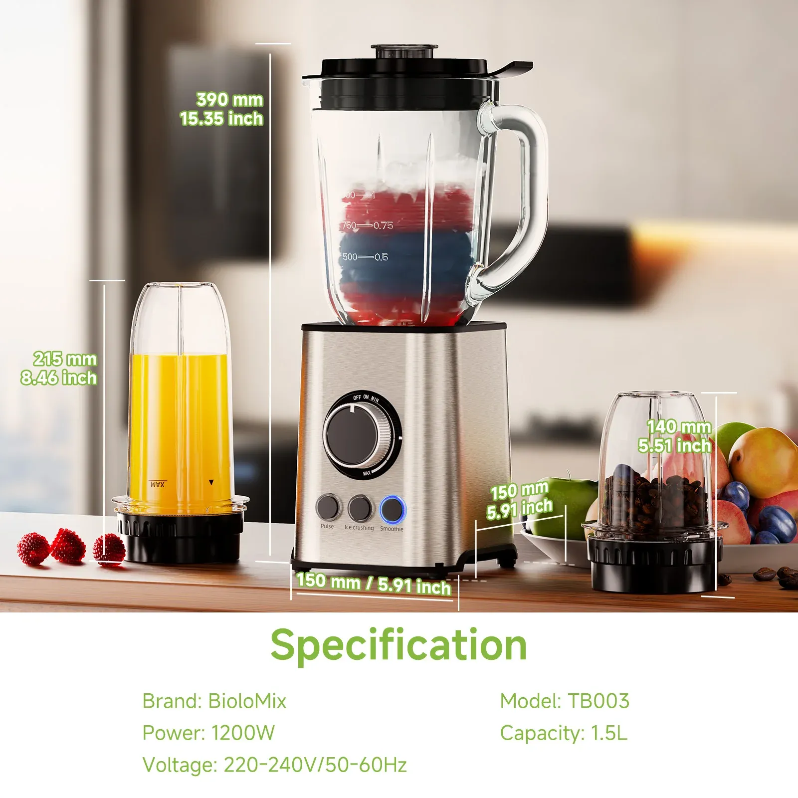 BioloMix 3-in-1 blender met glazen kan en molen
