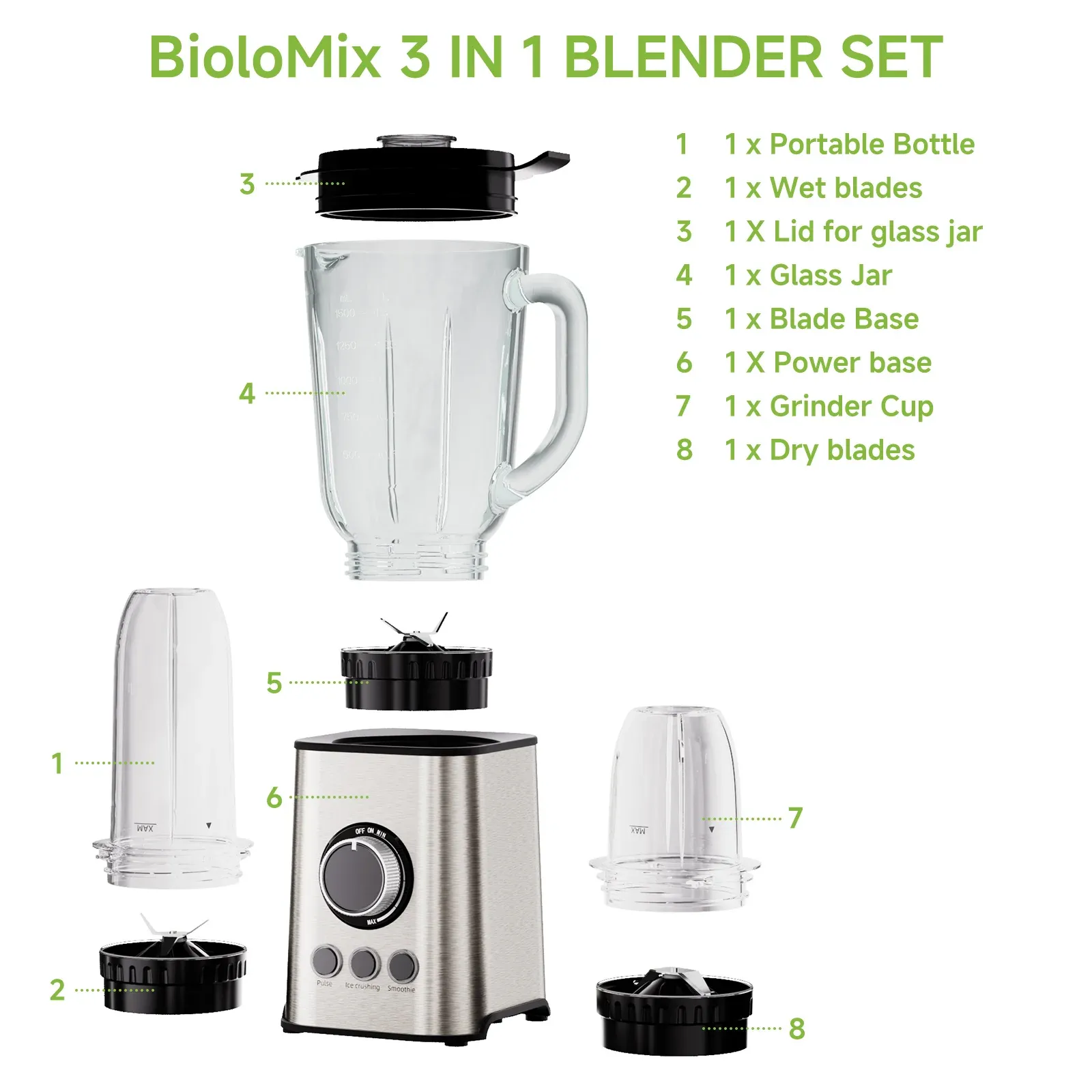 BioloMix 3-in-1 blender met glazen kan en molen