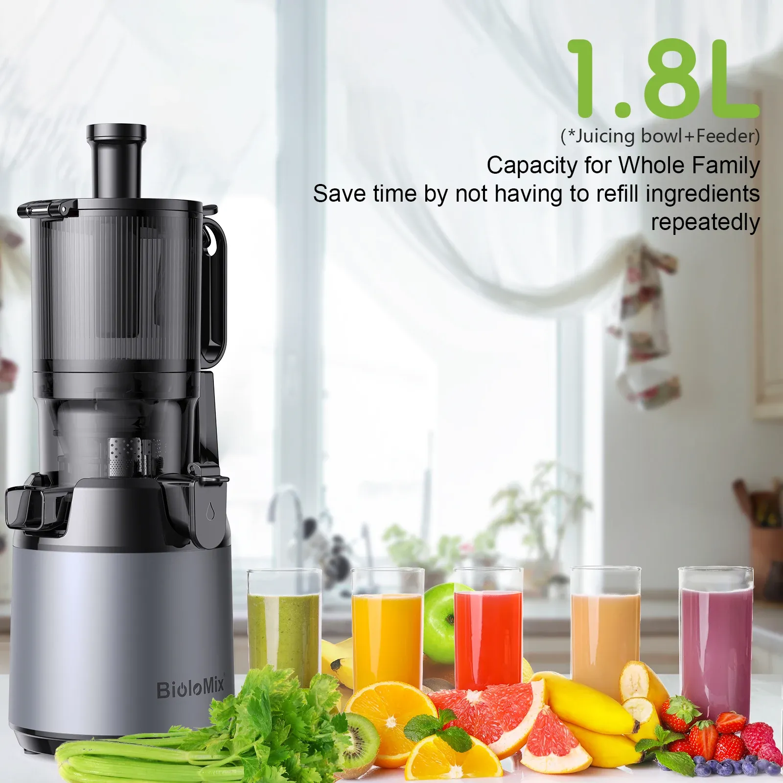 BioloMix slowjuicer met brede 130 mm vulopening