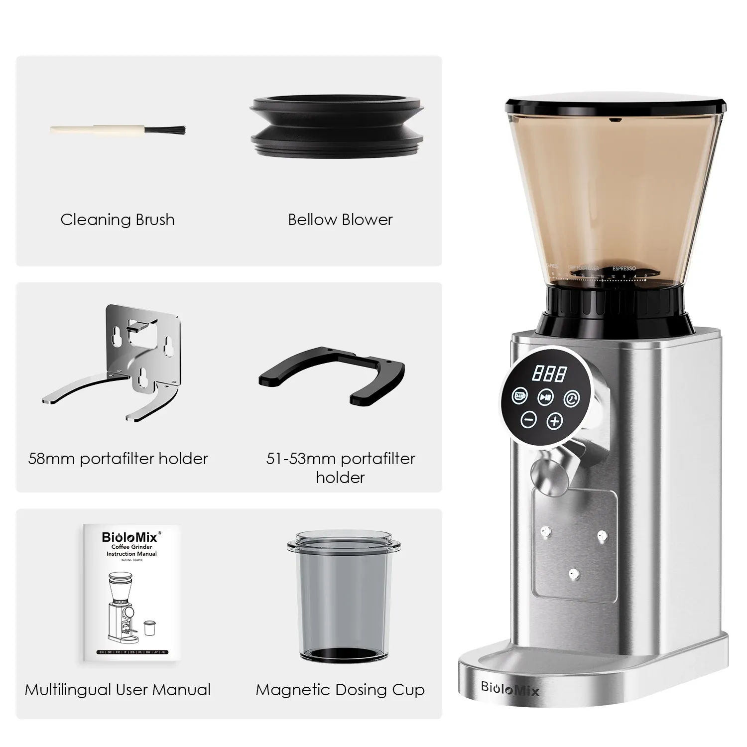 BioloMix conische koffiemolen met 48 standen en display