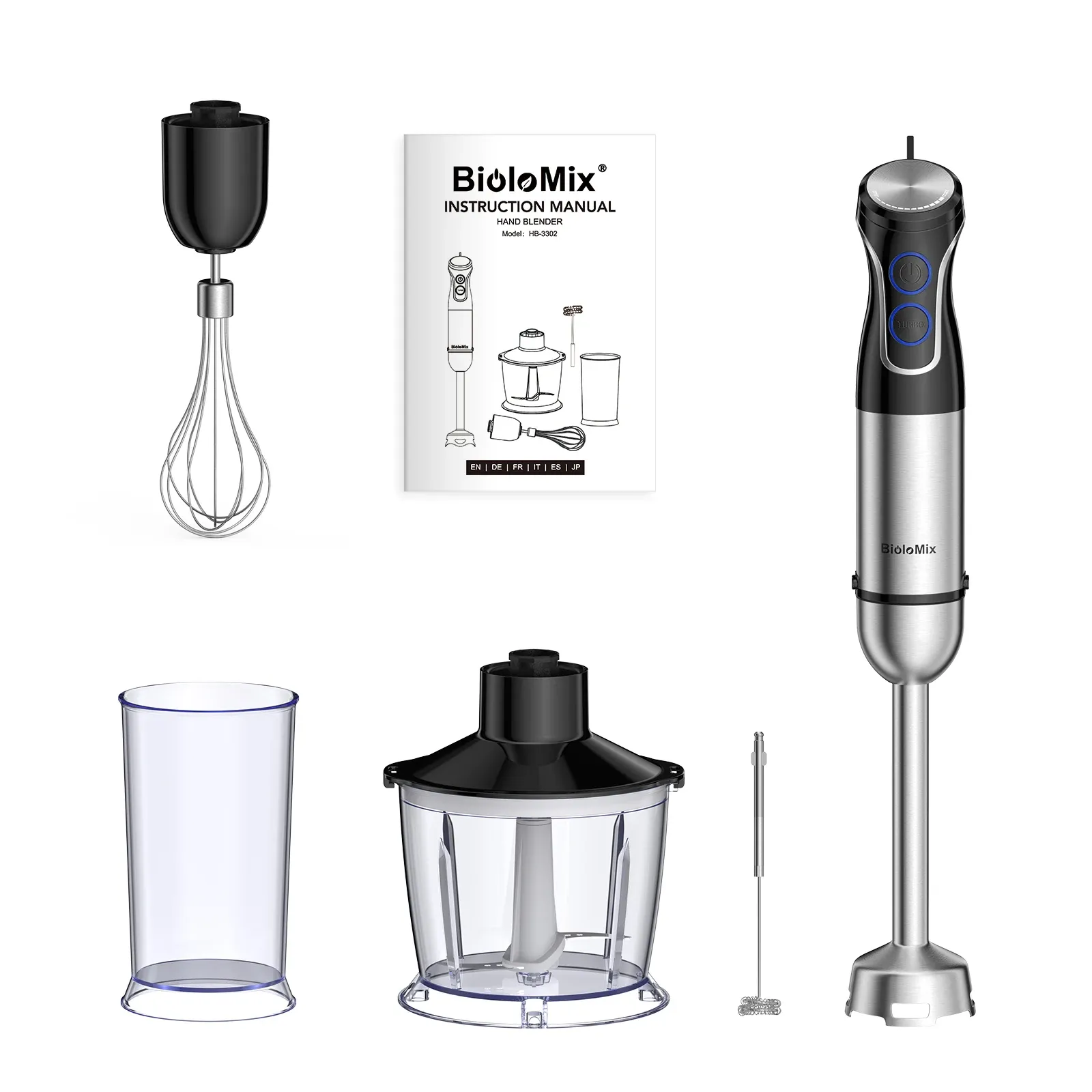 BioloMix 5-in-1 staafmixer met 1500W en roestvrijstalen mes