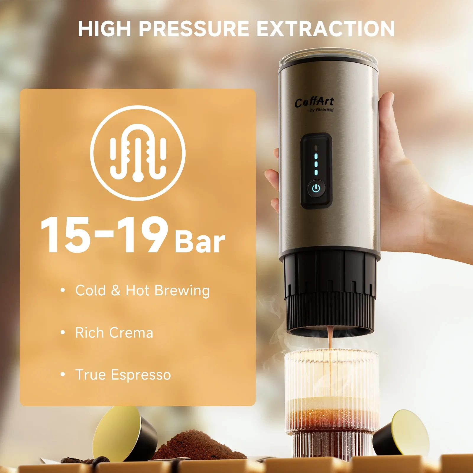 BioloMix draagbare 3-in-1 espressomachine voor pods en gemalen koffie