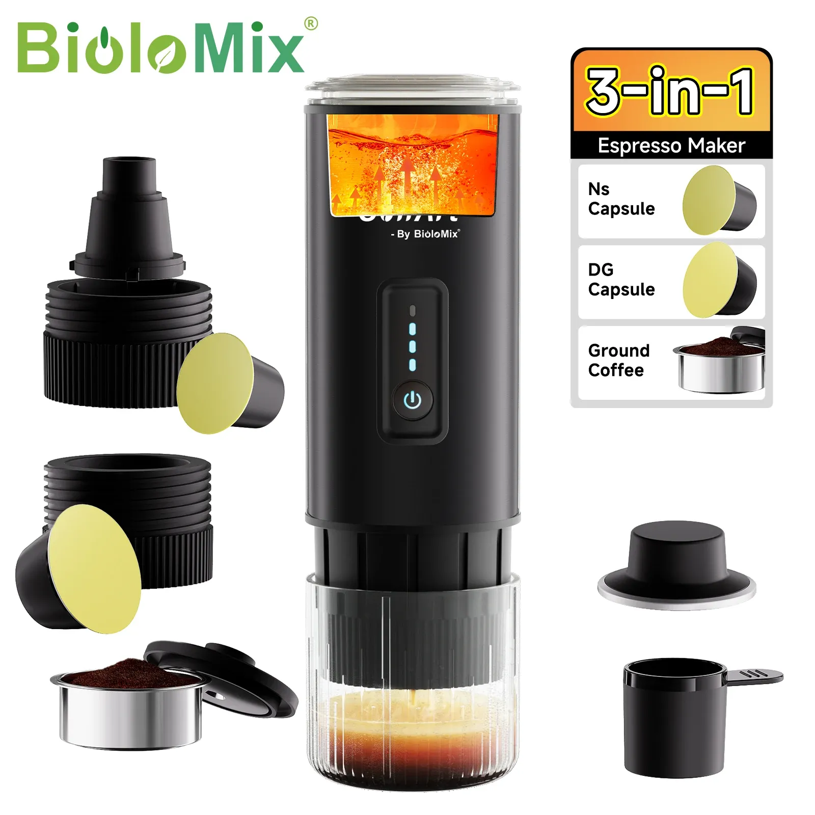 BioloMix draagbare 3-in-1 espressomachine voor pods en gemalen koffie