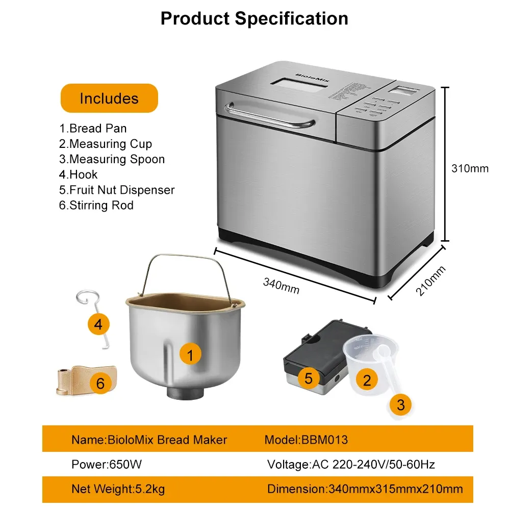 BioloMix 1 kg broodmachine met 19 programma’s en dispenser