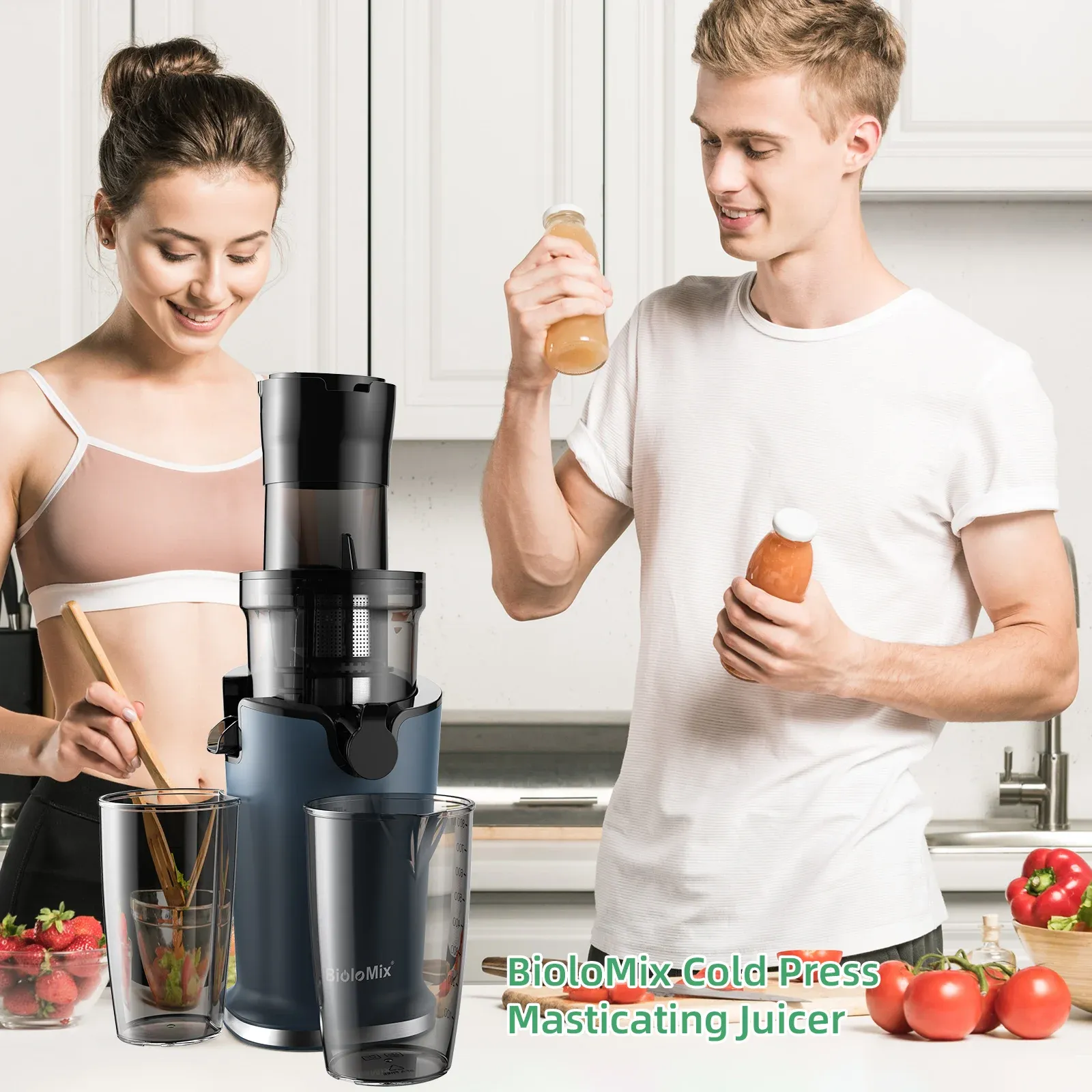BioloMix slowjuicer met brede 78 mm vulopening en 200W