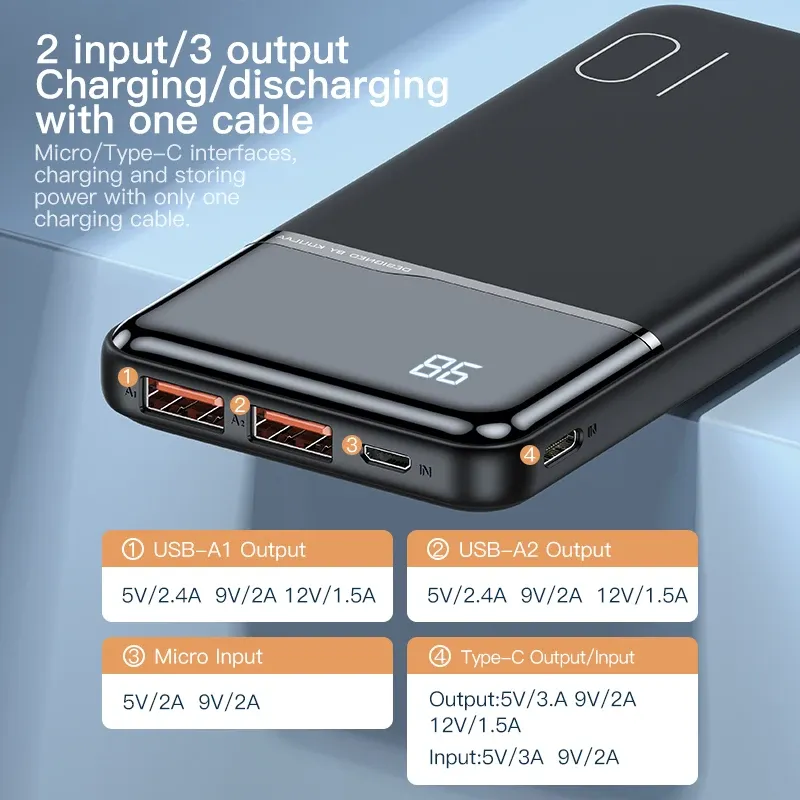 KUULAA 10.000 mAh powerbank met digitaal display en dubbele USB