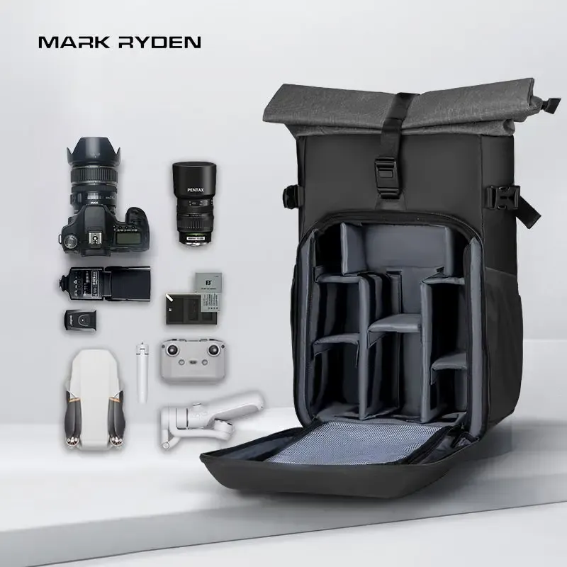 Waterdichte camerarugzak met laptopvak en roll-top