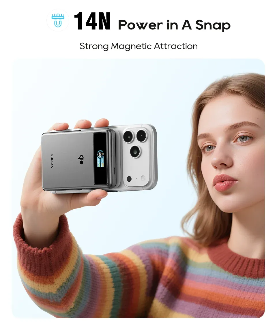 KUULAA Qi2 magnetische powerbank 10.000 mAh met 20W kabel en 15W draadloos laden