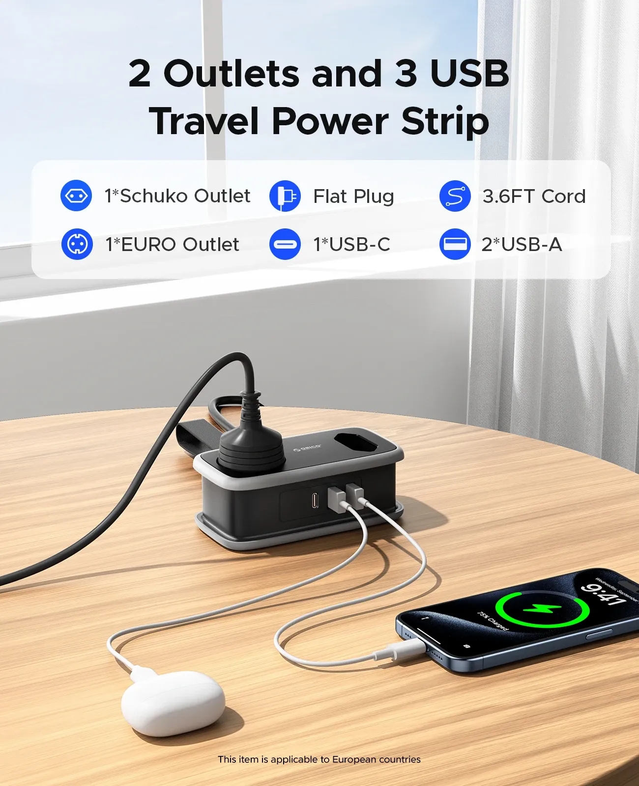 ORICO reisstekkerdoos met 2 stopcontacten en 3 USB-poorten