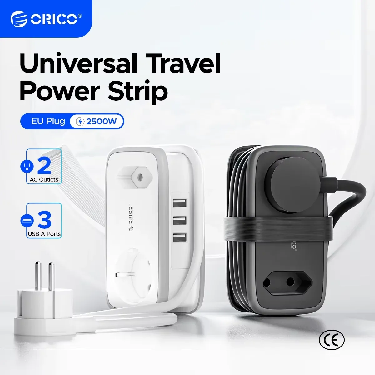 ORICO reisstekkerdoos met 2 stopcontacten en 3 USB-poorten