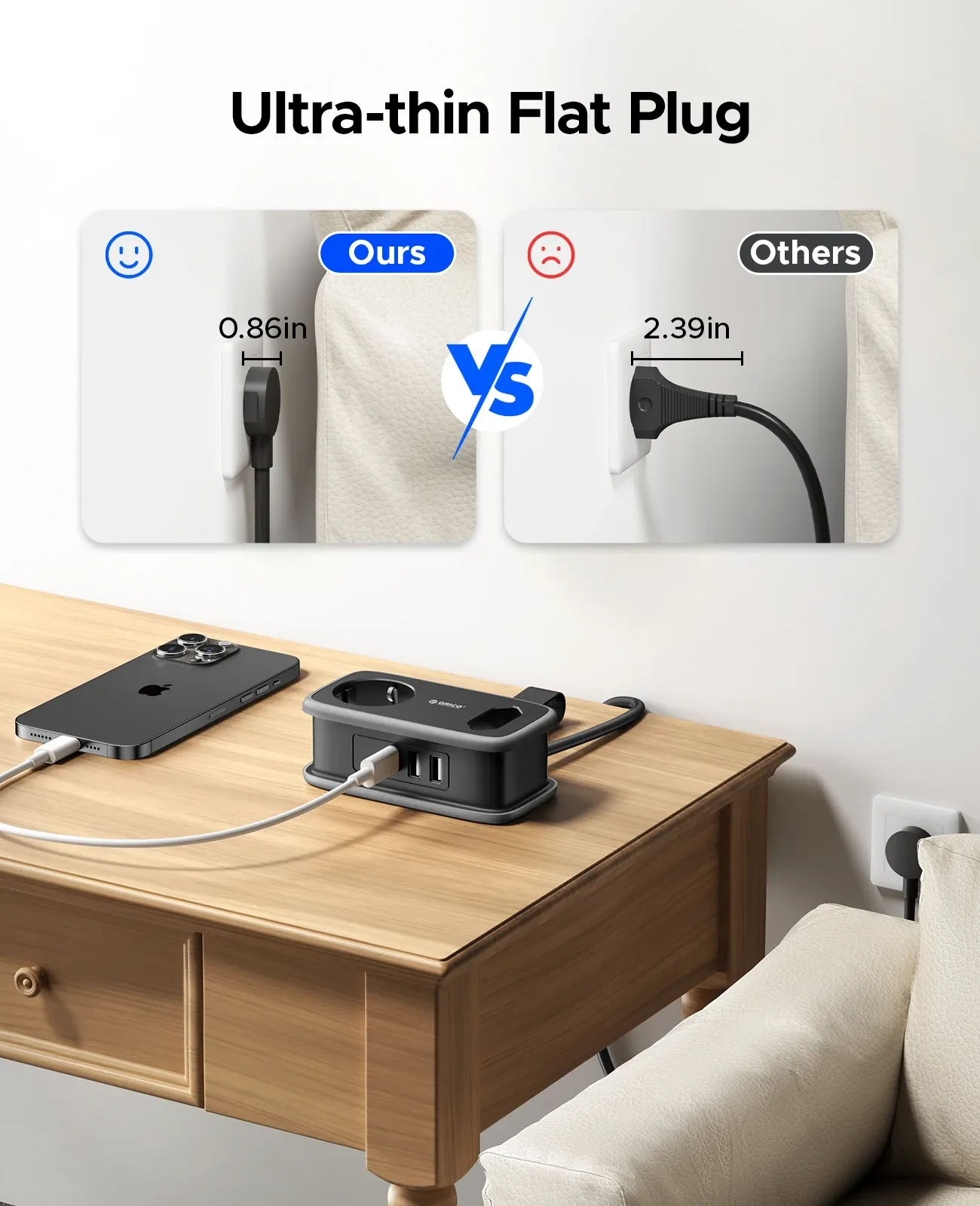 ORICO reisstekkerdoos met 2 stopcontacten en USB-oplading