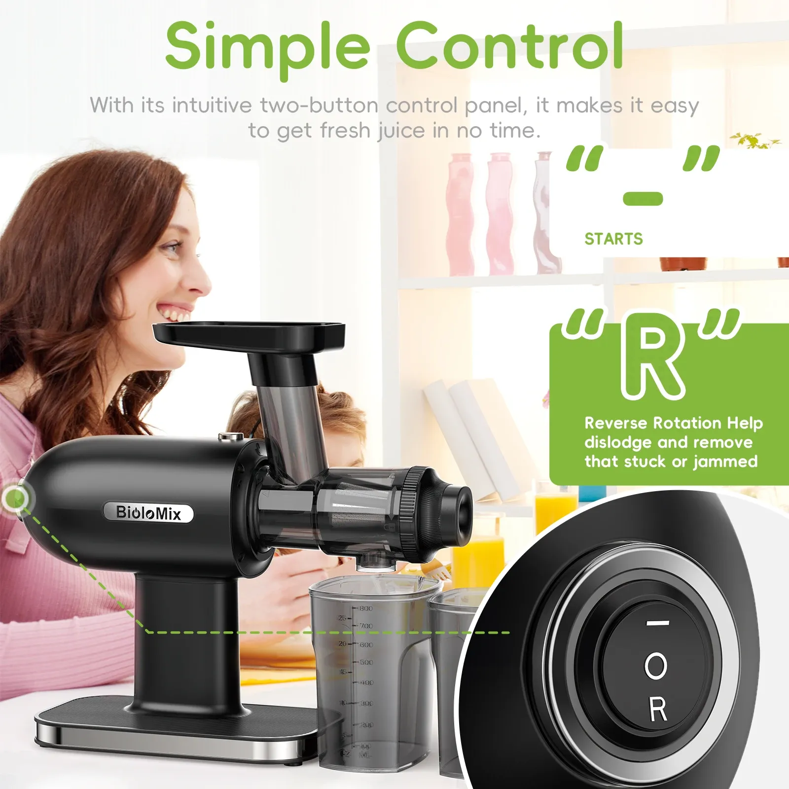 BioloMix slowjuicer met 43 rpm en omkeerfunctie