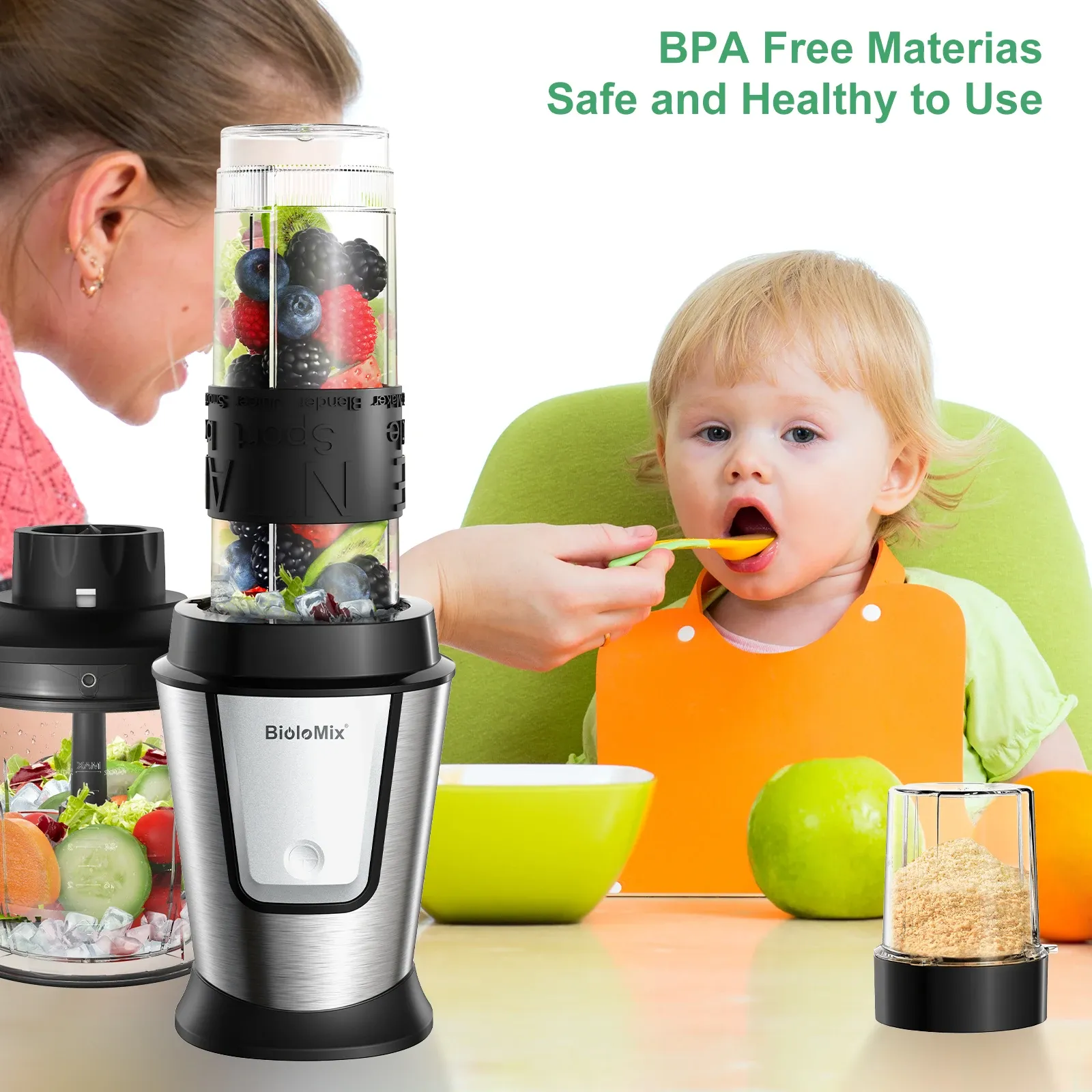 BioloMix 3-in-1 compacte blender met hakmolen en maalmolen