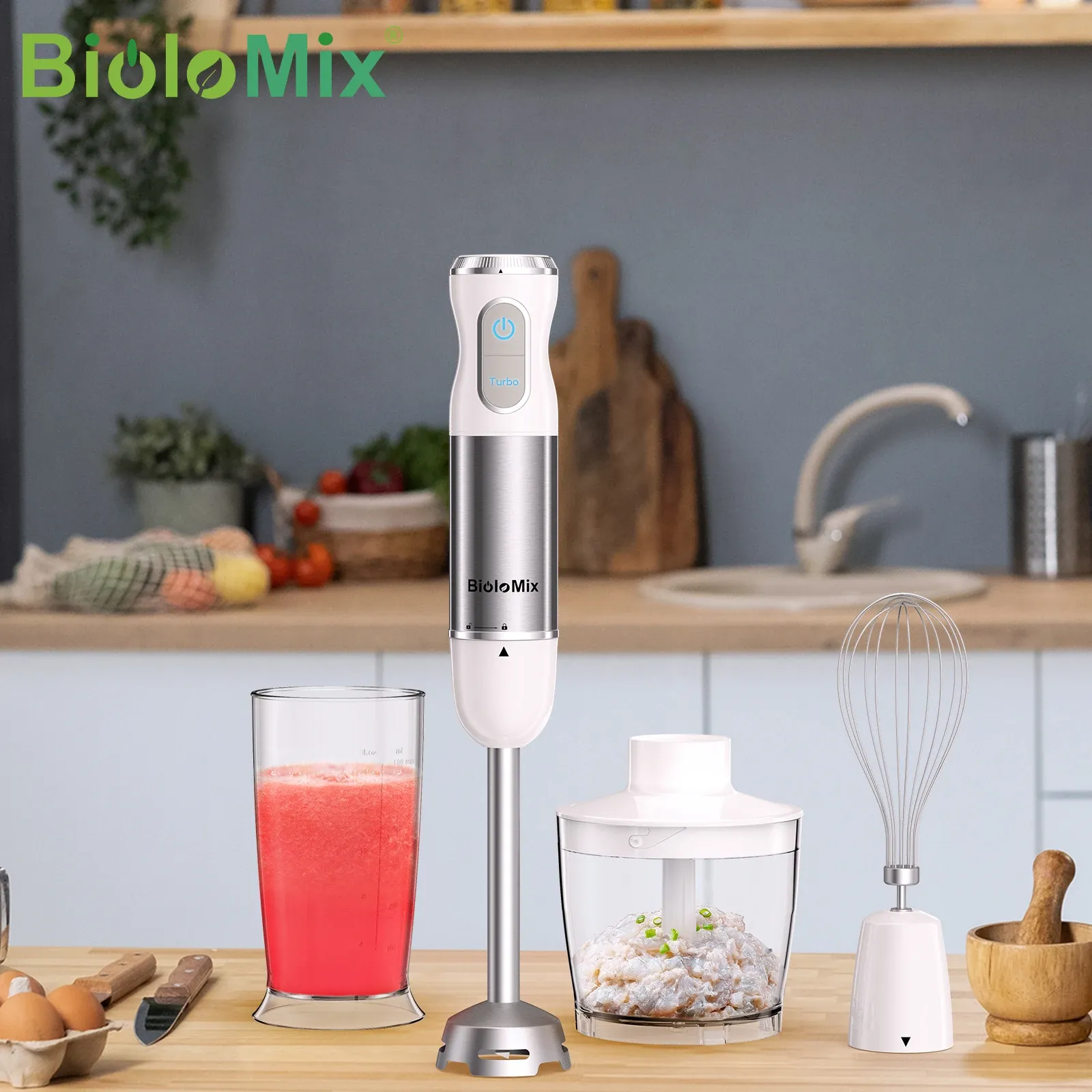 BioloMix 4-in-1 staafmixer met hakmolen en garde