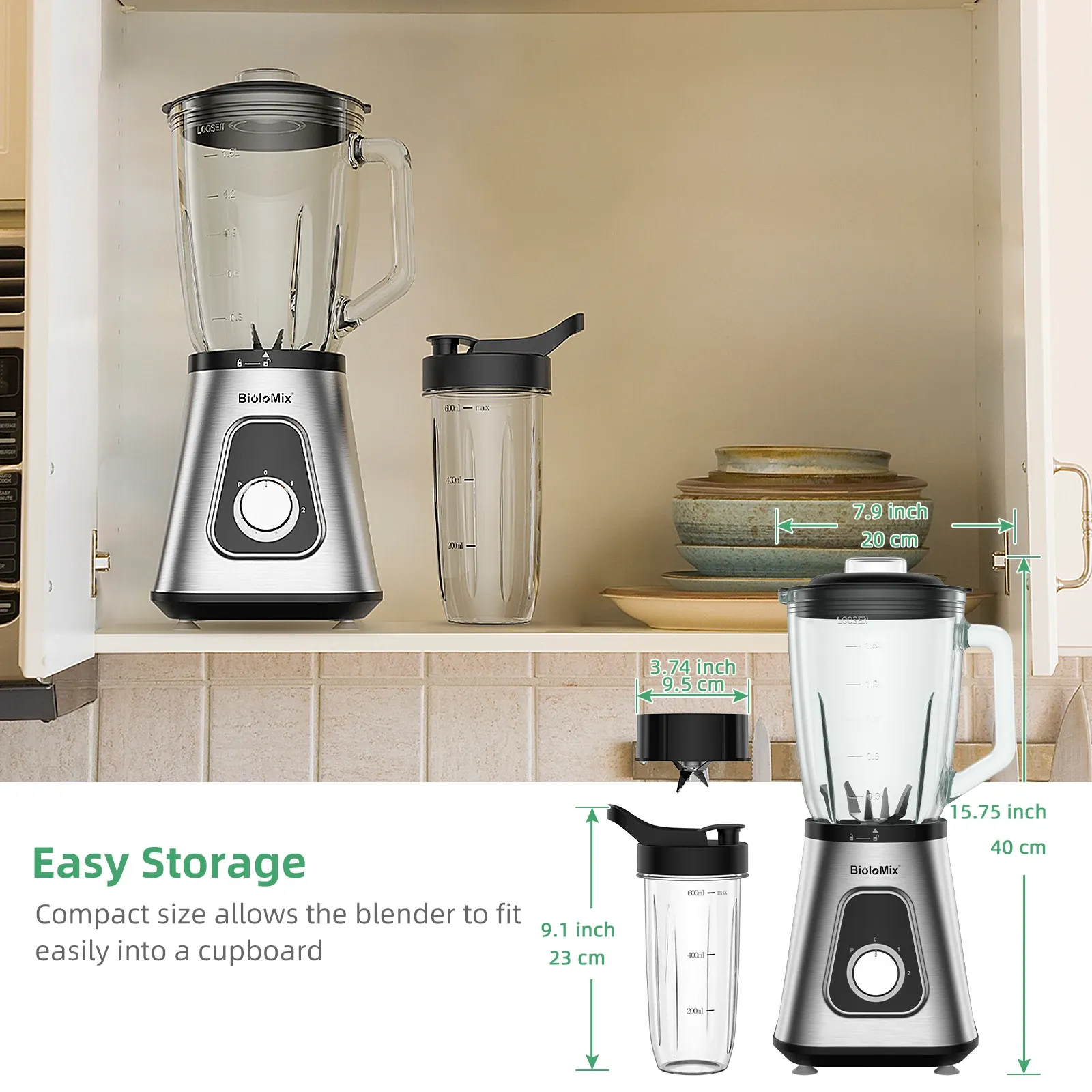 BioloMix 1300W blender met glazen kan en travel cup