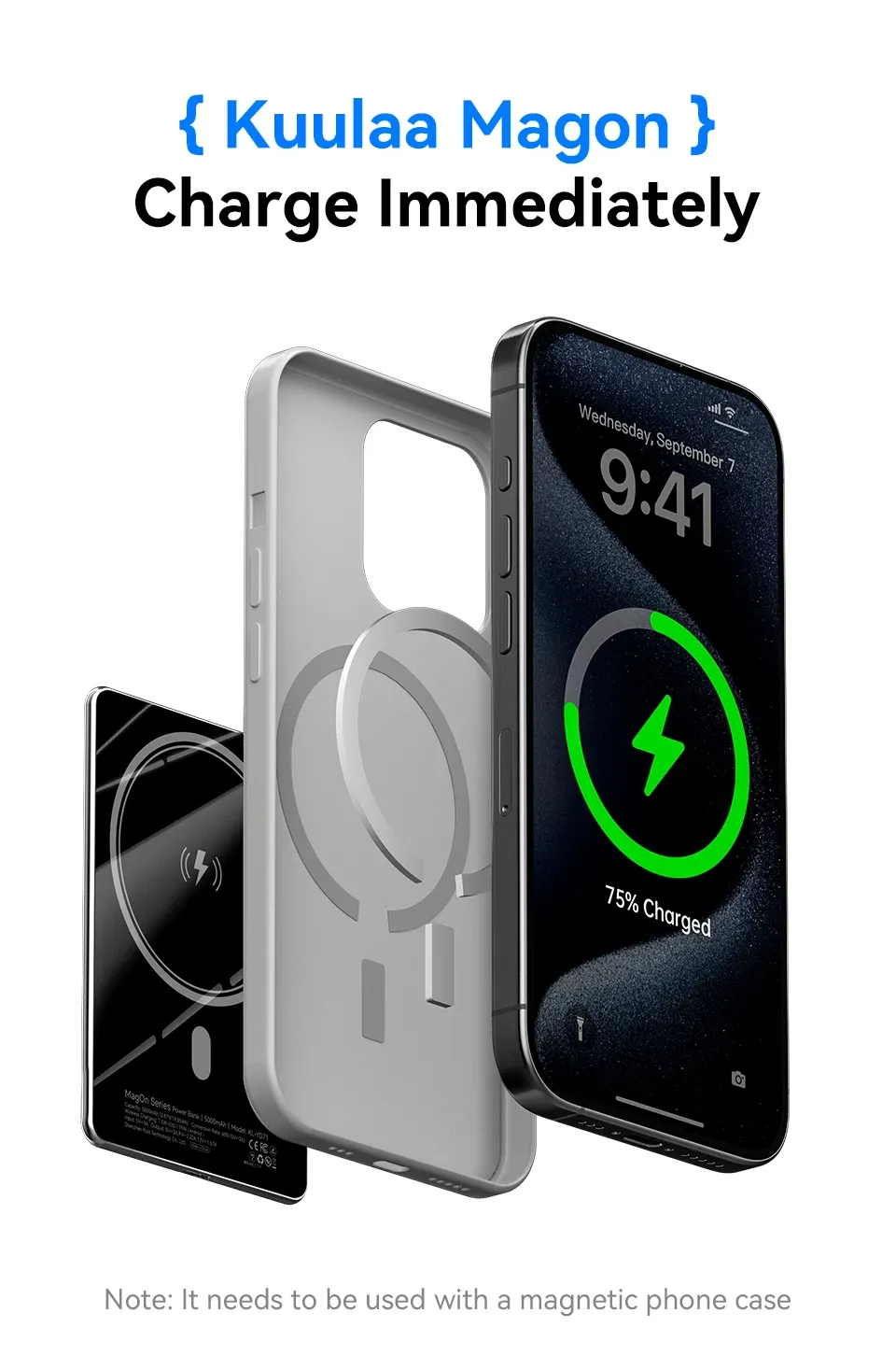 KUULAA magnetische 5000 mAh powerbank met draadloos laden en 20W snelladen