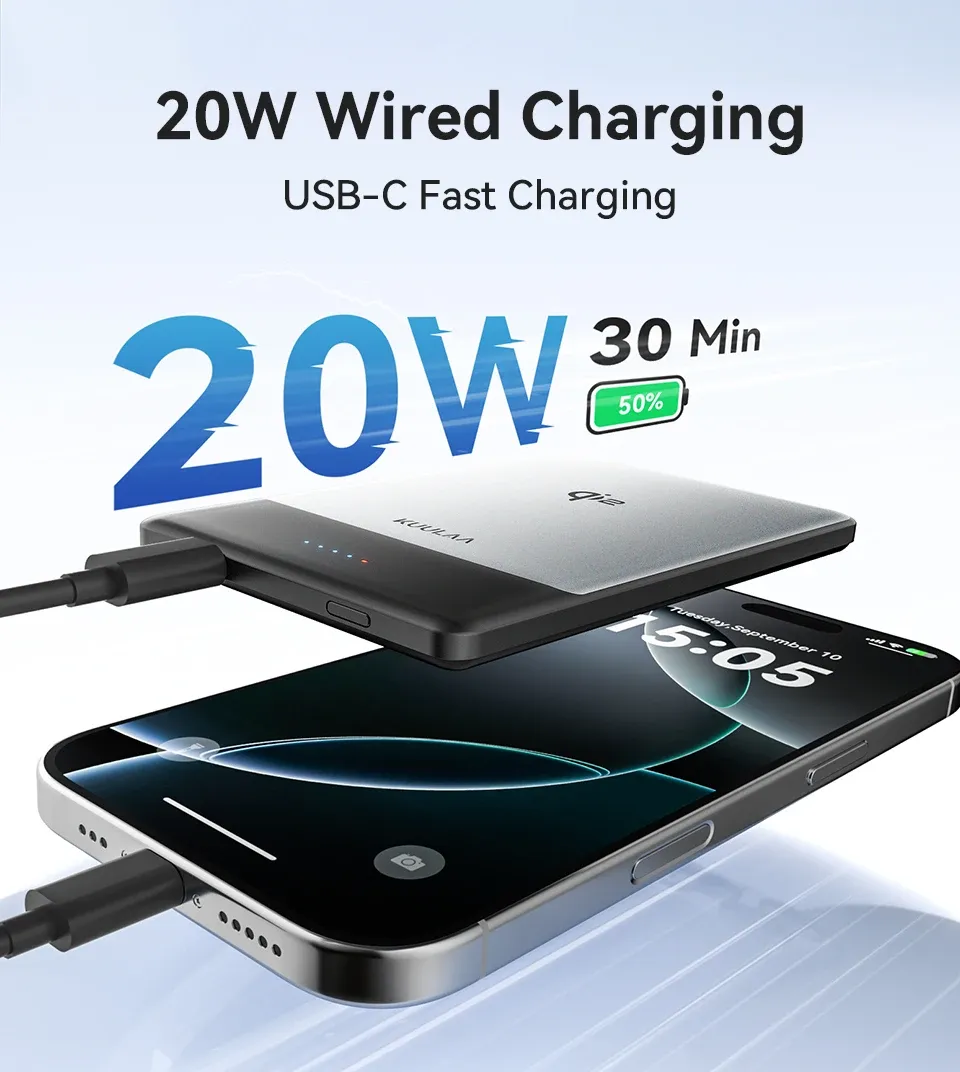KUULAA Qi2 magnetische powerbank 5000 mAh met 15W draadloos laden