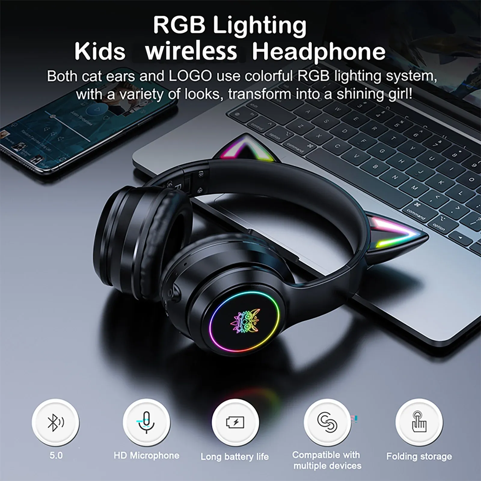 ONIKUMA draadloze gamingheadset met kattenoren en RGB
