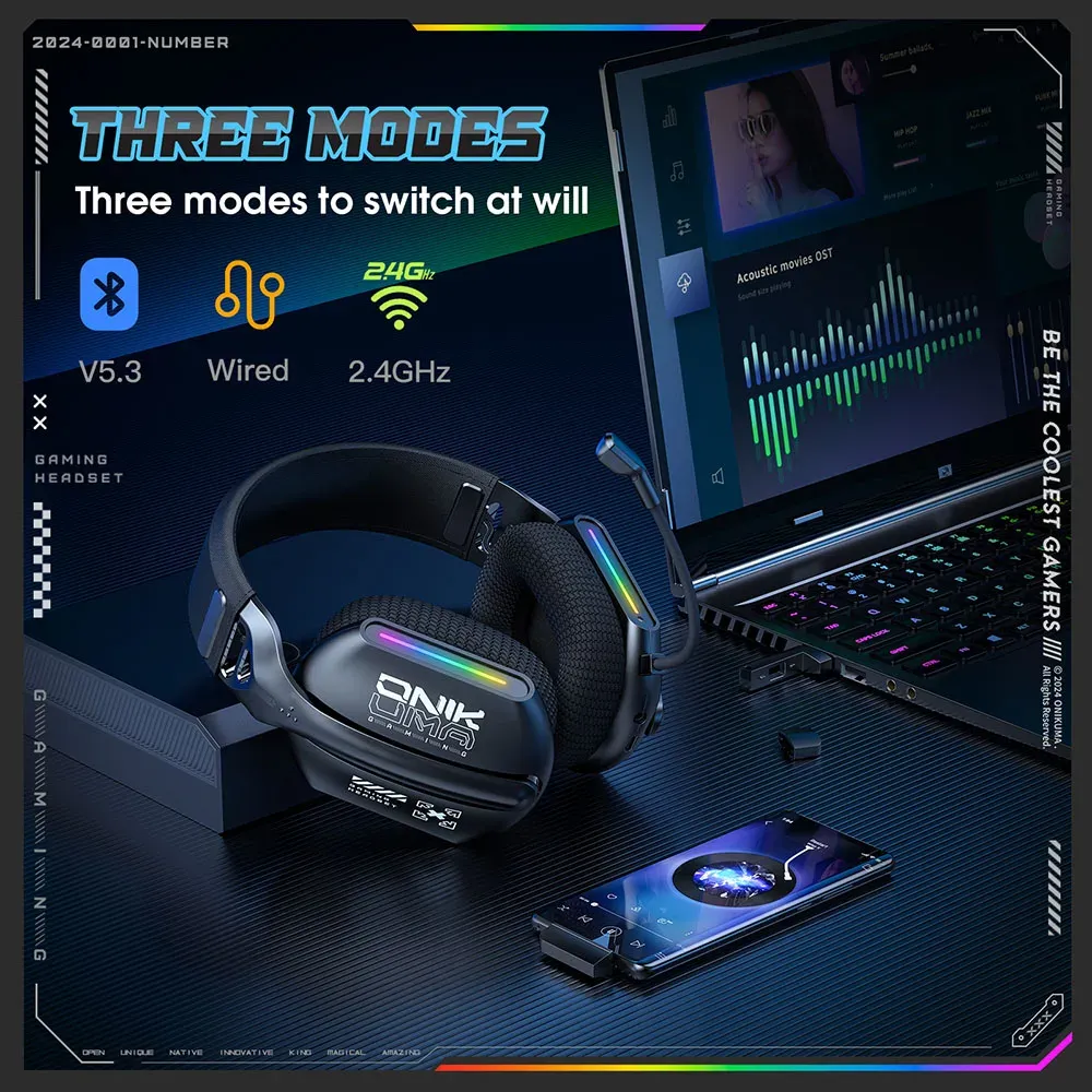 ONIKUMA tri-mode gamingheadset met flexibele microfoon