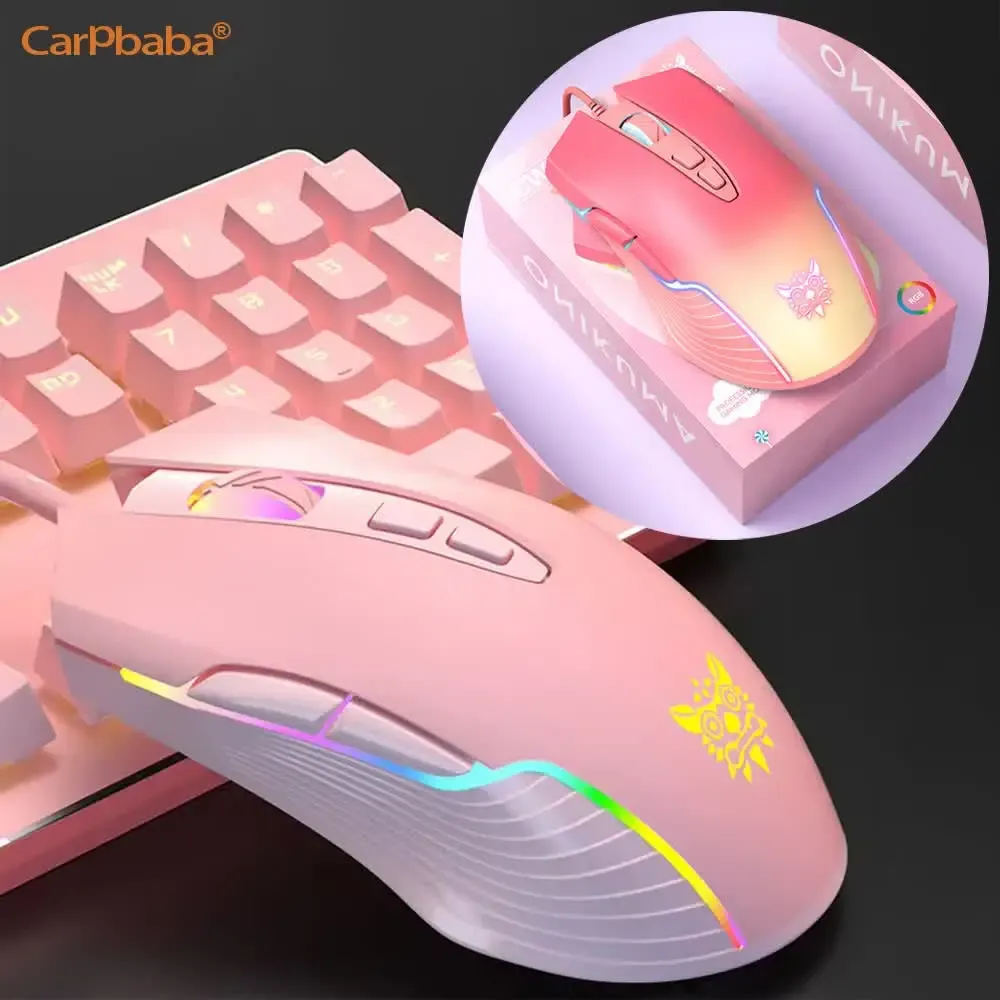 Onikuma roze bedrade gamingmuis met RGB en 6400 DPI