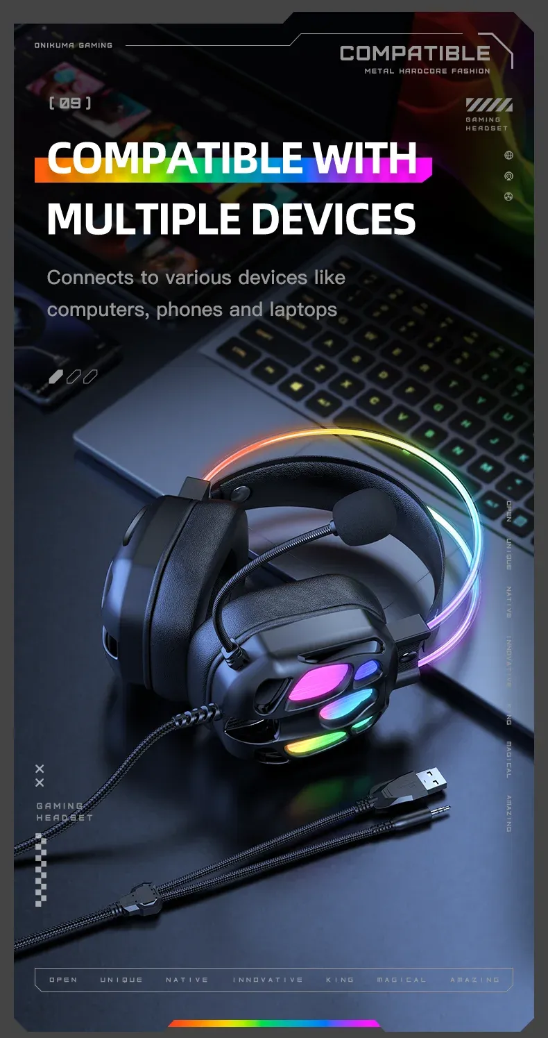 ONIKUMA bedrade gamingheadset met RGB en flexibele microfoon