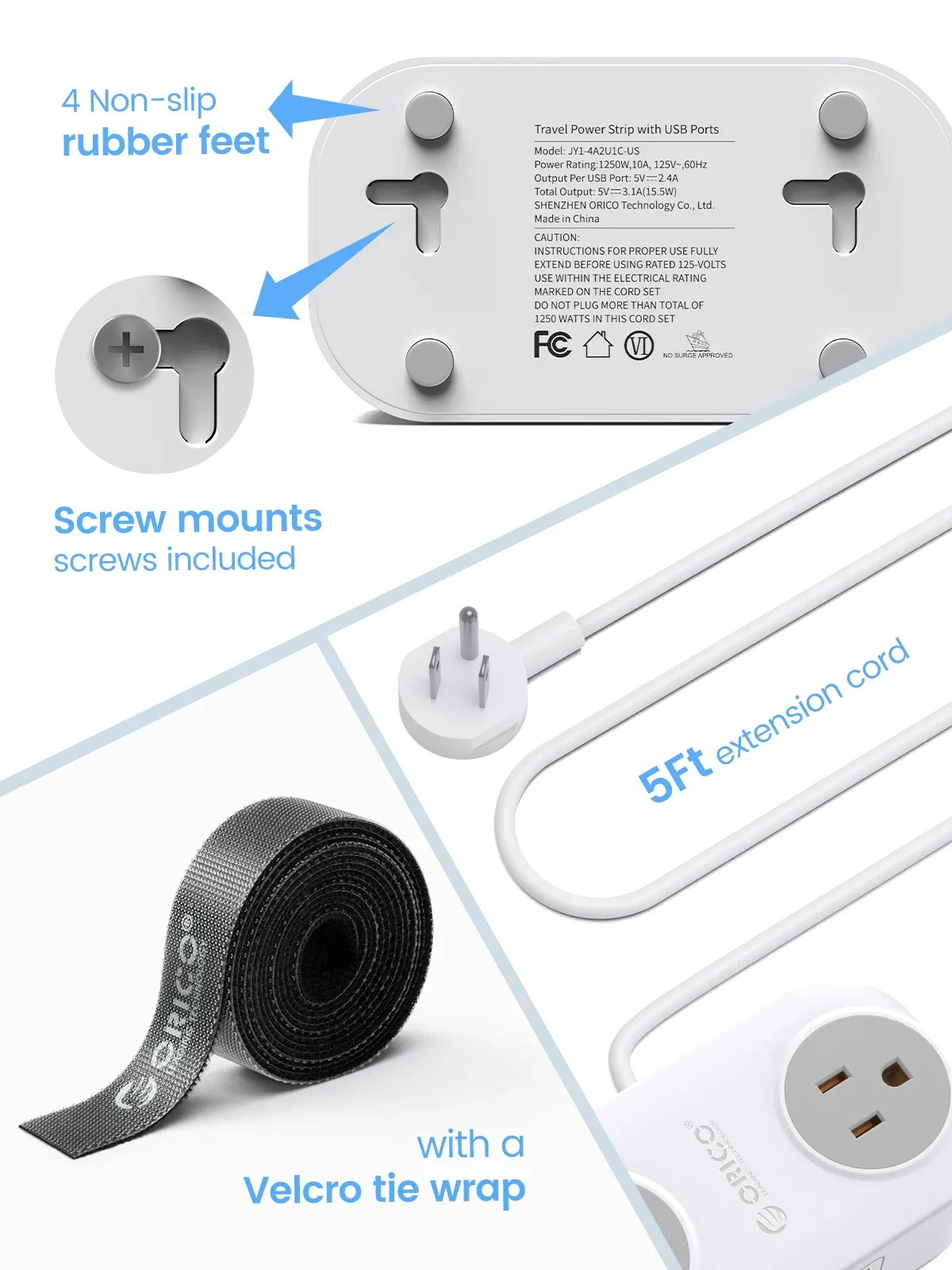 ORICO reisstekkerdoos met 4 AC- en USB-poorten