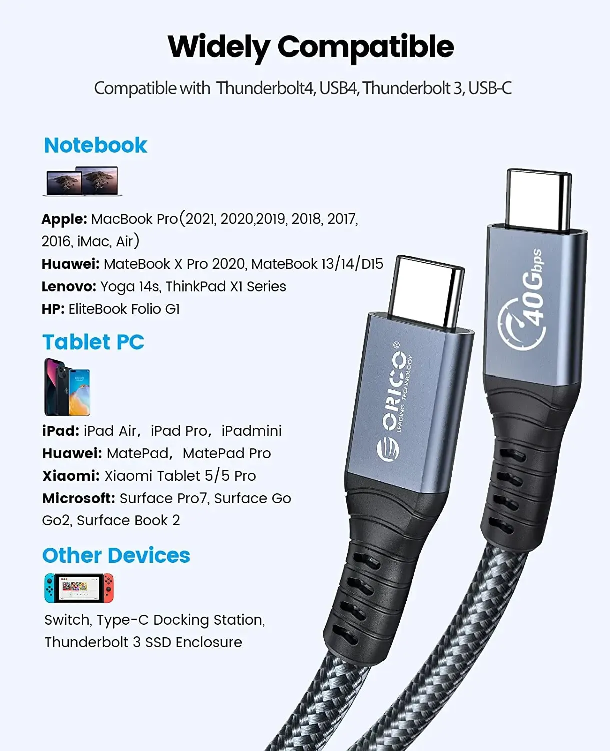 ORICO Thunderbolt 4 USB-C kabel 2 meter voor 8K en 100W