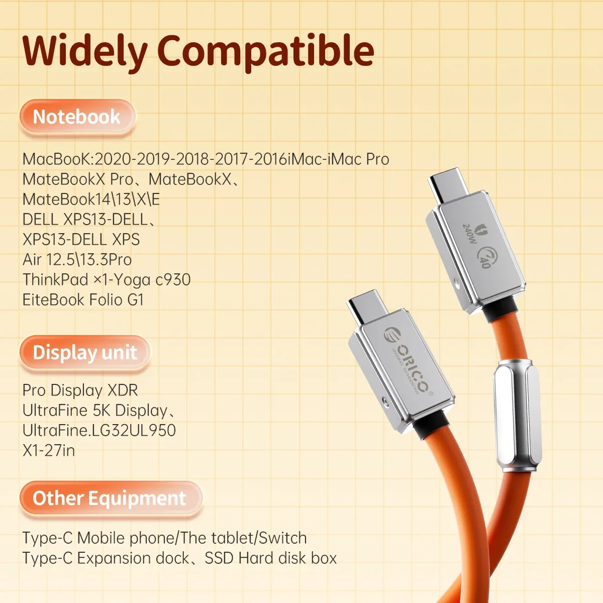 ORICO 240W USB-C Thunderbolt-kabel voor snelle data en 8K-video