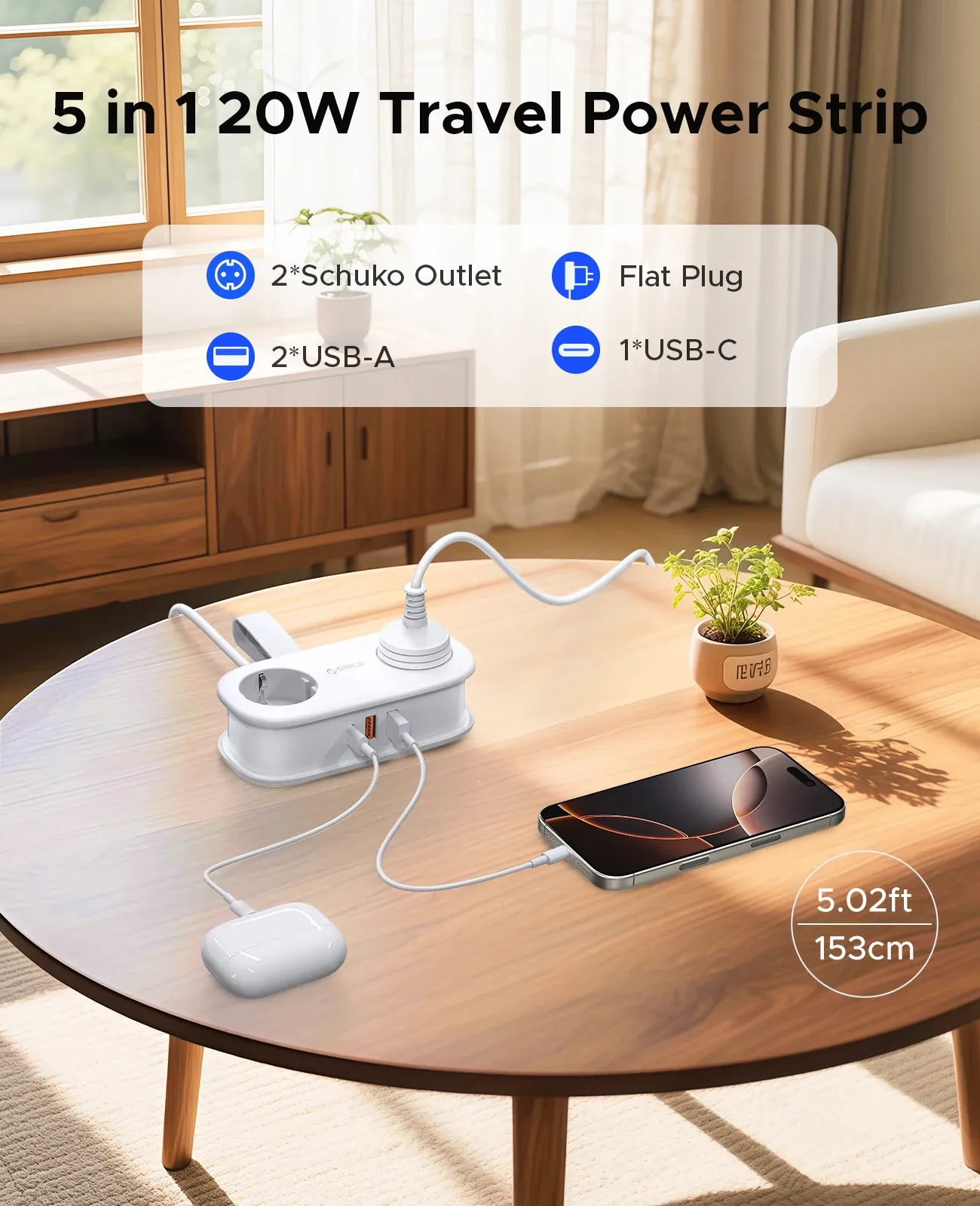 ORICO compacte reisstekkerdoos met 2 AC, USB-A en USB-C