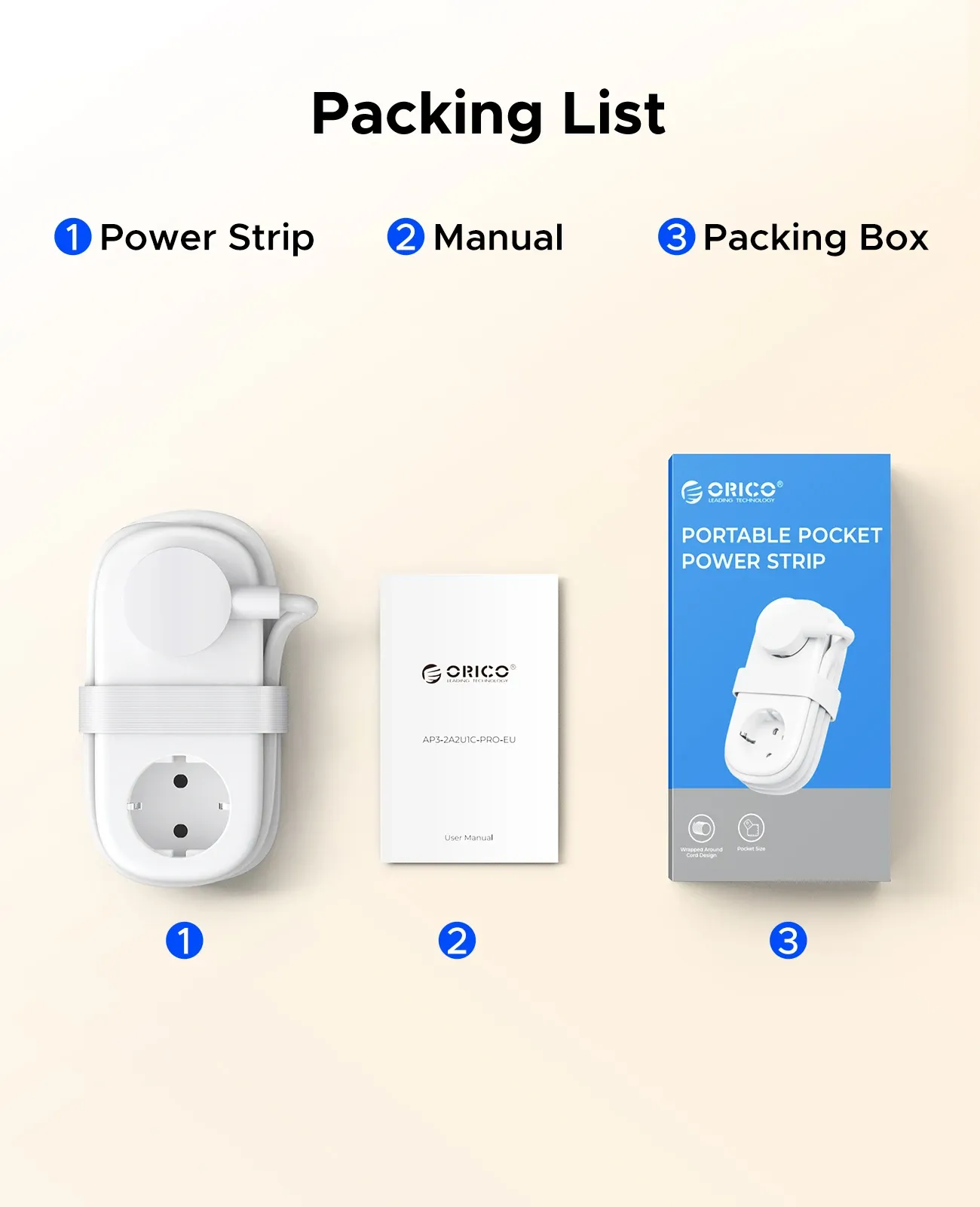 ORICO compacte reisstekkerdoos met 2 AC, USB-A en USB-C