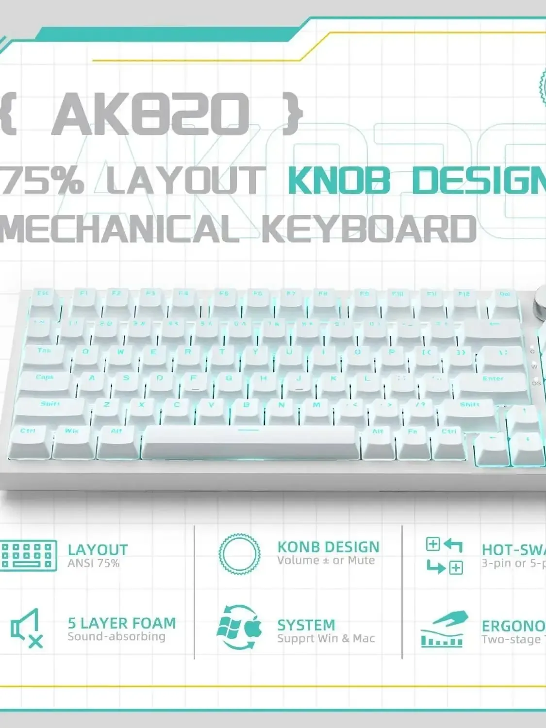 Ajazz AK820 75% mechanisch toetsenbord met hot-swap en draaiknop