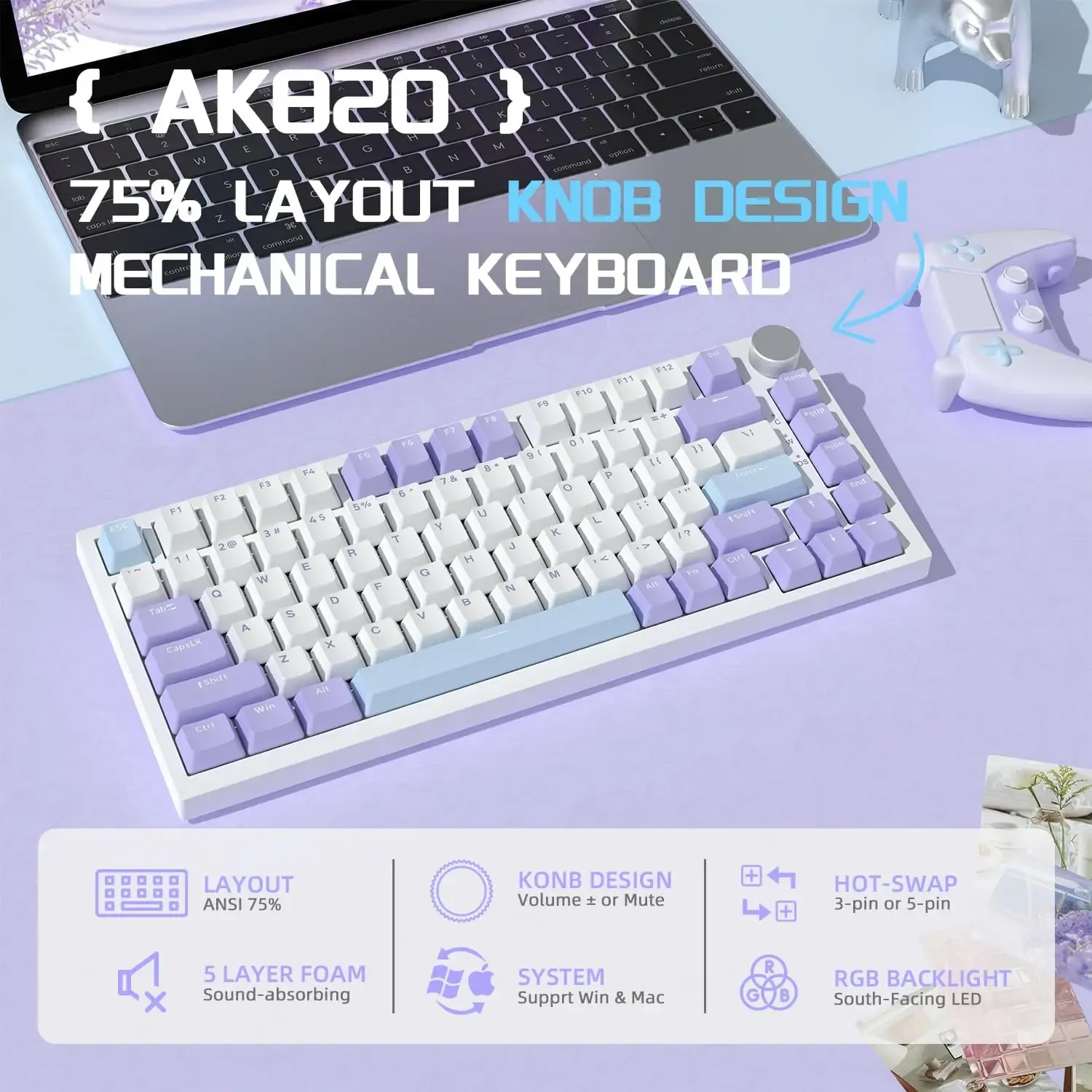 Ajazz AK820 bedraad 75% mechanisch toetsenbord met volumeknop en PBT-caps