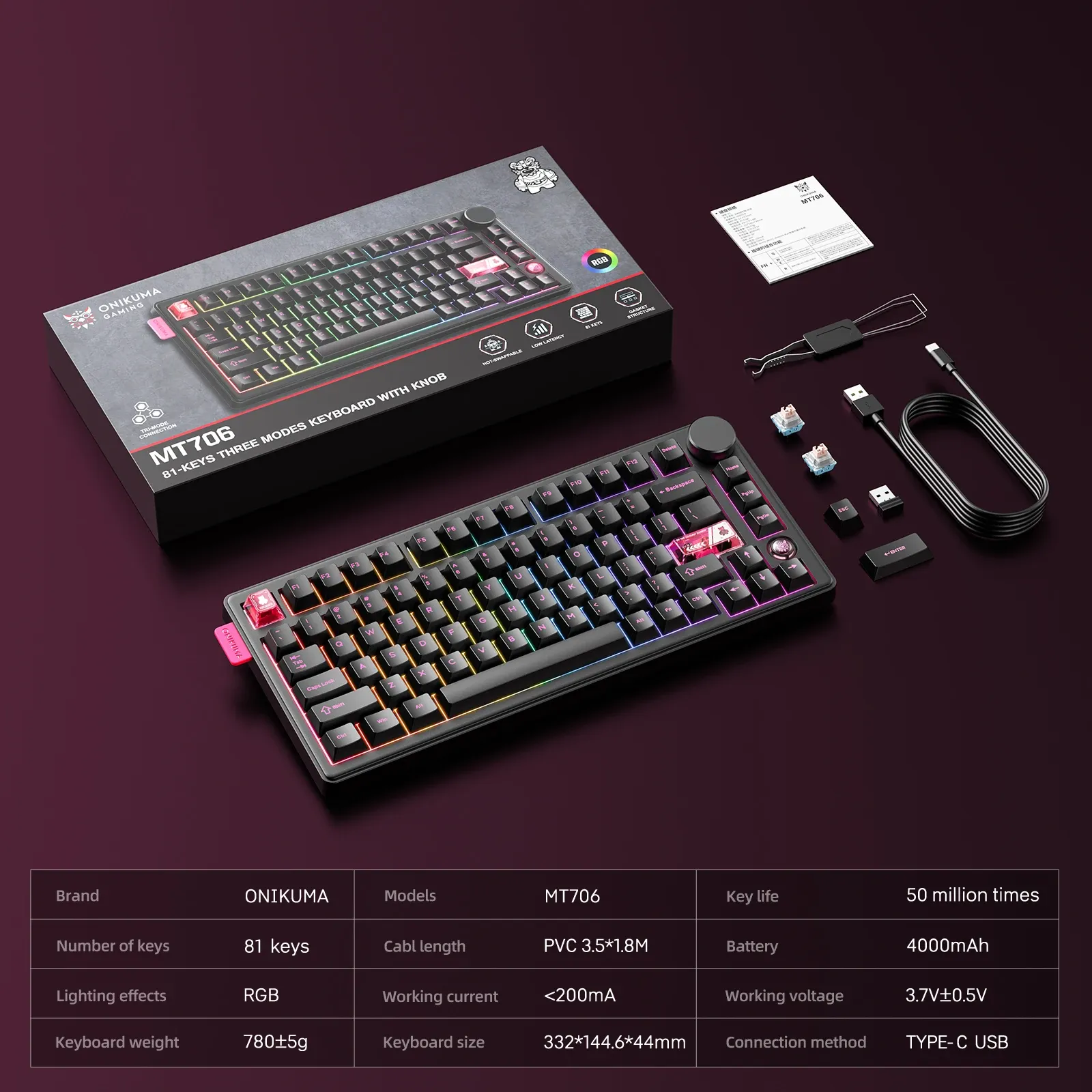 Onikuma MT706 RGB mechanisch gamingtoetsenbord met tri-mode verbinding