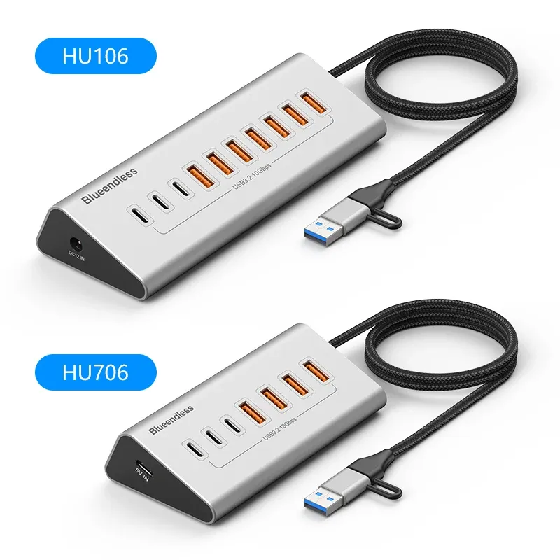Blueendless 10Gbps USB-C hub van aluminium met 7 tot 10 poorten