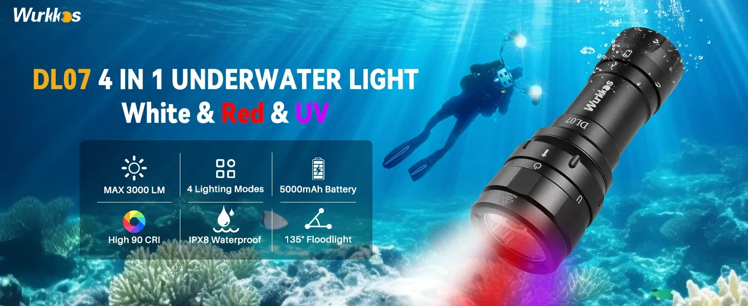 Wurkkos DL07 4-in-1 onderwaterduiklamp met wit, rood en UV-licht