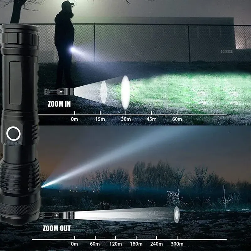 Krachtige XHP70 LED-zaklamp met zoom en USB-oplaadfunctie