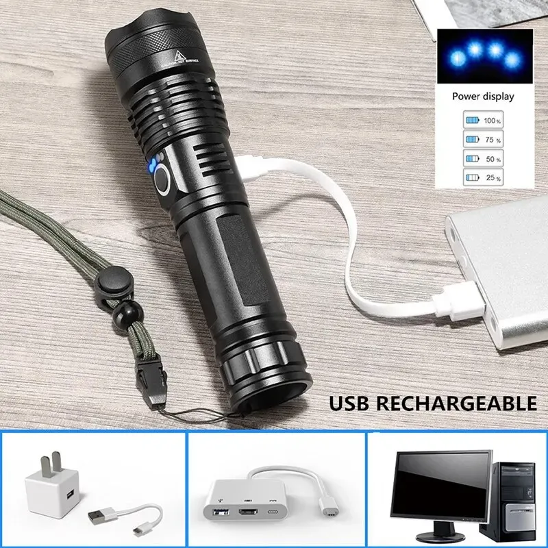 Krachtige XHP70 LED-zaklamp met zoom en USB-oplaadfunctie
