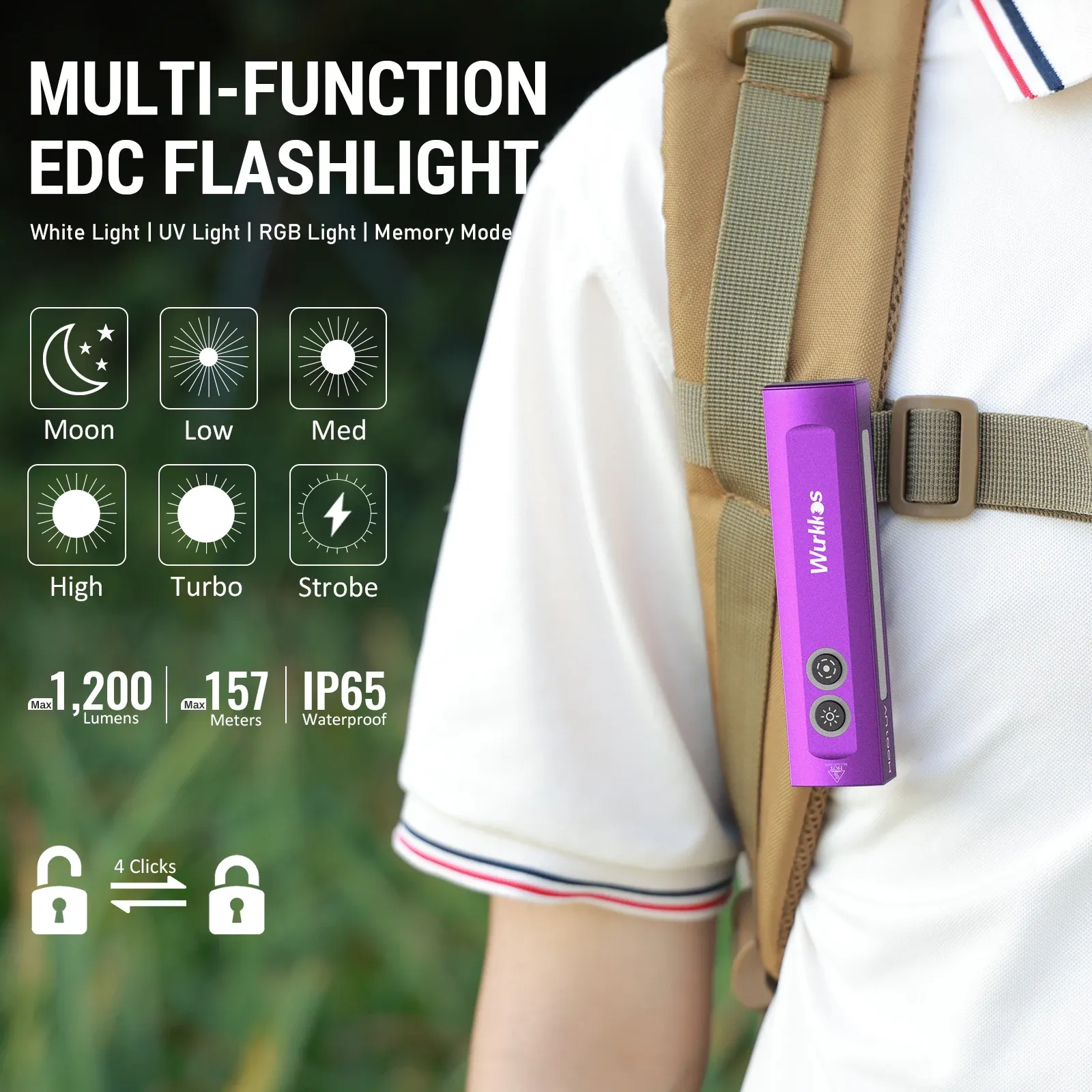 Wurkkos HD01 UV multifunctionele EDC-zaklamp met RGB