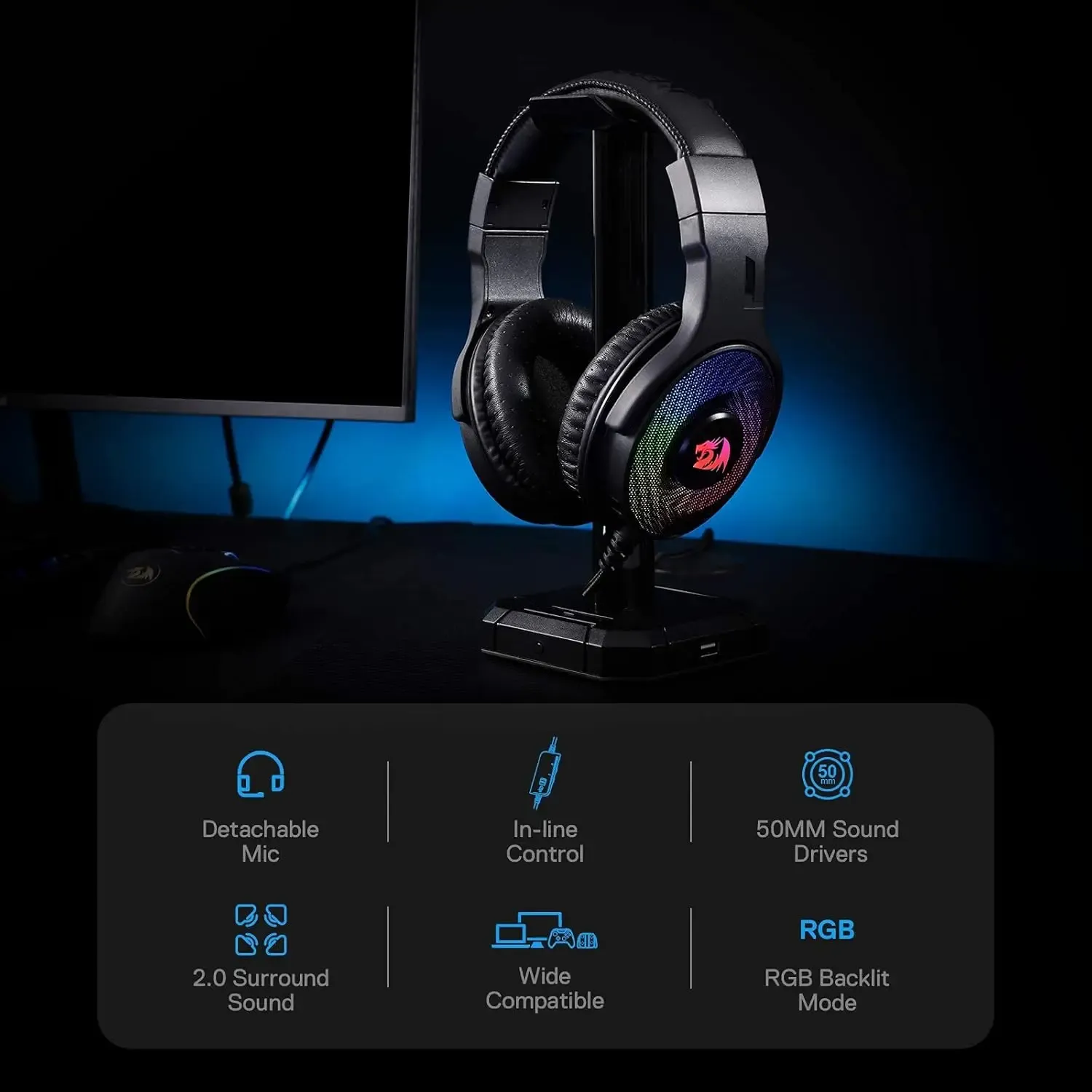 REDRAGON H350 RGB bedrade gamingheadset met 50 mm drivers