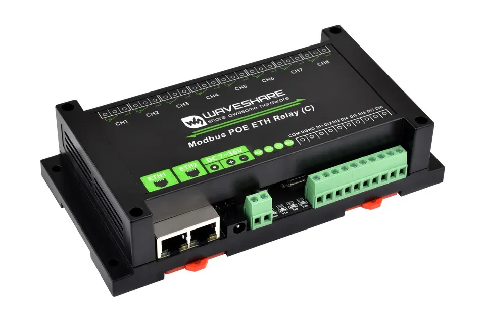 Waveshare 8-kanaals Ethernet-relaismodule met PoE en Modbus