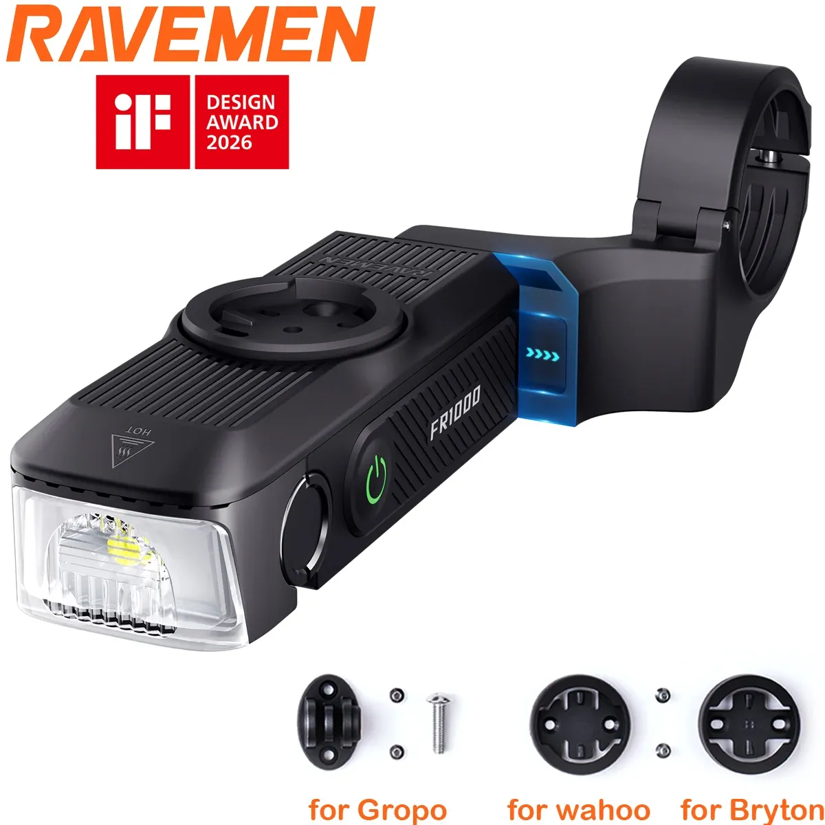 RAVEMEN FR1000 fietslamp met Garmin-houder en powerbankfunctie