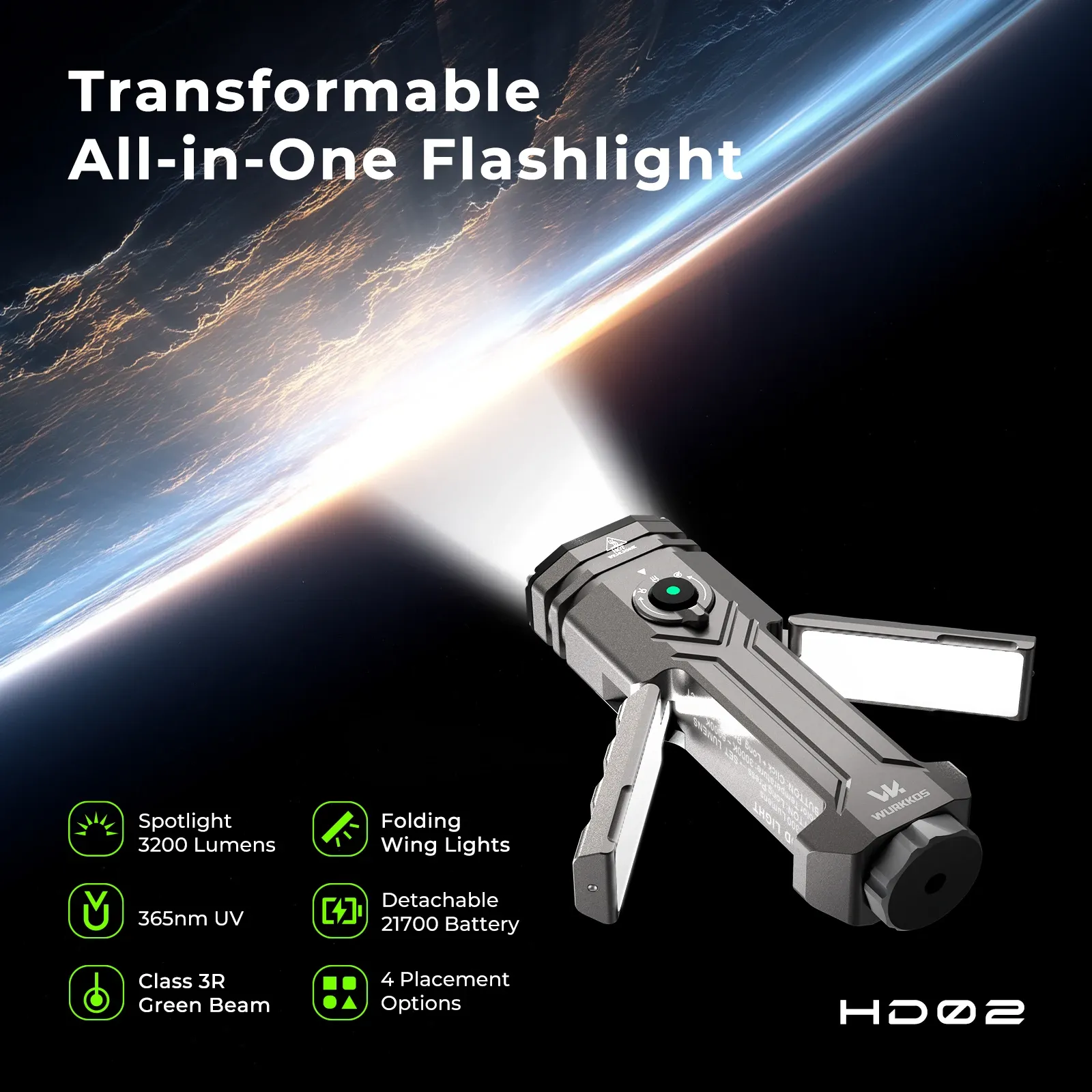 Wurkkos HD02 multifunctionele oplaadbare zaklamp met magnetische basis